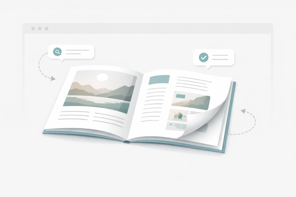 Illustration of an open brochure or magazine with digital review cues (browser frame, check and search bubbles, page-turn motion) for flipbook-style online proofing